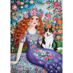 Bohemian Beauty med en kvinde, hund og blomster.