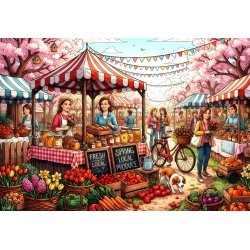 Tabz Jones motivet Local Honey and Tulips Spring Farmers  som puslespil med markedsboder og kirseb�rtr�er.