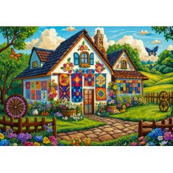 Spirit of the Rainbow motivet Quilt House som puslespil der viser et hus der er farverigt udsmykket.