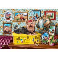 Yorkshire Terrier Puppy men en terrier og gul kuffert.
