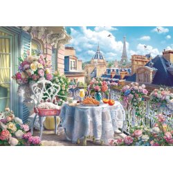 Breakfast on the Balcony in Paris puslespil med Eiffelt�rn og blomster. 