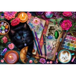Brigid Ashwood puslespil Crafty Cats med motiv af en kat der ligger p� et bord mellem hobby artikler.