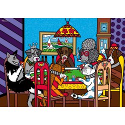 Romero Britto puslespil Game Night med hunde der spiller kort.