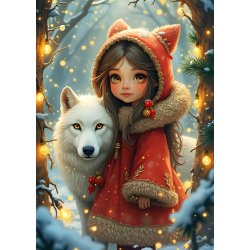My Friend the Wolf puslespil med en pige i r�d frakke og en hvid ulv. 