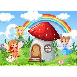 The Fairies and the Mushroom House puslespil med feer og en regnbue. 