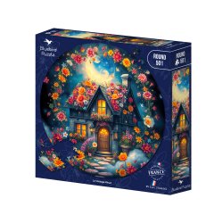 Bluebird rund puslespil med 501 brikker. Motiv: Le Cottage Fleuri.