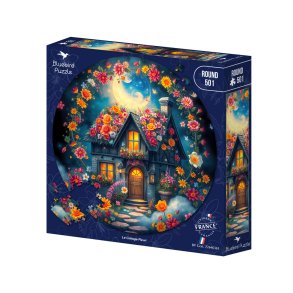 Bluebird rund puslespil med 501 brikker. Motiv: Le Cottage Fleuri.