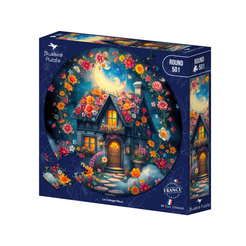 Bluebird rund puslespil med 501 brikker. Motiv: Le Cottage Fleuri.