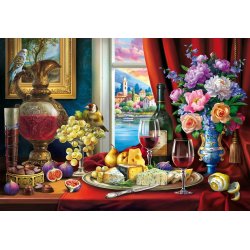 Still Life and Wine puslespil med et ostebord og udsigt over vand. 