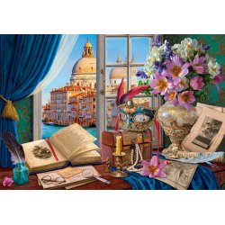 Dog Venetian Still Life puslespil med et vindue og udsigt over Venedi. 