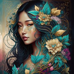 Hana - Soul of Nature Collection med en kvinde illustreret i gyldne toner, der har store blomster i sit h�r.
