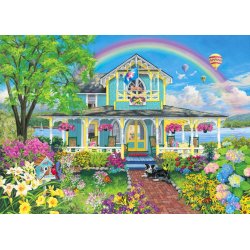 Blue Cottage af Joelle McIntire med et bl�t hus p� landet, der er omgivet af blomster i forskellige farver.
