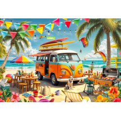 Camping Van at the Beach af Rafael Trujillo med en palmestrand hvor der holder et folkevognsrugbr�d der har surfbr�tter p� taget.
