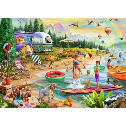 Lakeside Summer Camp af Adrian Chesterman med hunde og mennesker, der leger p� stranden og i vandet.