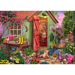 Potting Shed af Artbeat Studio med hunde og katte der hygger sig omkring et gr�nt haveskur.
