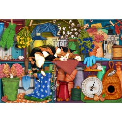 Potting Shed Pals af Mardell Schuster med en kat der sover i et skur, omgivet af haveredskaber, potter og blomster.
