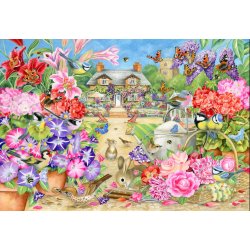 Summer Garden af Claire Comerford med en stor have med farverige blomster, kaniner og sommerfugle.