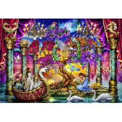 Swan Temple af Ciro Marchetti med et tempel der synes at v�re bygget p� vand, hvor svaner sv�mmer og en b�d sejler igennem.