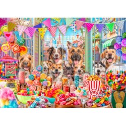 Sweet Tooth Candy af Lars Stewart med en flok hunde der ser sultent ind ad vinduerne til en slikbutik.