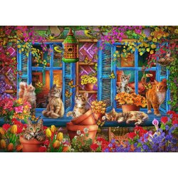 Window Shelf Cats af Ciro Marchetti med katte der hygger sig i vindueskarmen og kigger p� sommerfugle og fugle.
