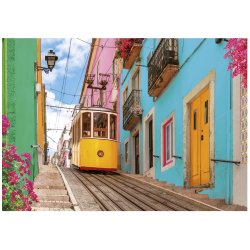 Colourful Lisbon puslespil med sporvogn og huse.