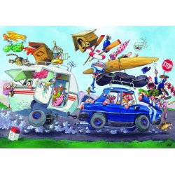 Cartoon Classics - Off On Holiday af Jean-Jacques Loup med en overpakket bil og campingvogn i tegneserie stil.