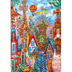 Charming Village - Blue gate af Tatyana Murova med en by og luftballoner flyver over hustagene.