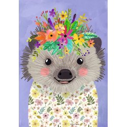 Floral Friends - Funny Hedgehog af Mia Charromed et pindsvin i blomstret t�j og lilla baggrund.