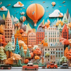 Quadratpuzzle - Paper Like - Townscape af Viktor Gavriloski med en storby lavet af papir, hvor luftballoner sv�ver over tagene.