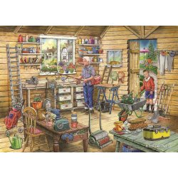 Fred's Shed af Ray Cresswell med et skur fyldt med haveredskaber og hobbyartikler.