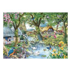 Kingfisher Cottage af Robert Barry med �nder p� s�en og en r�d traktor.