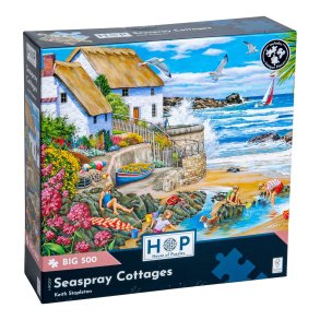 House of Puzzles puslespil med 500 XXL brikker. Motiv: Seaspray Cottages.