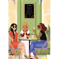 Happy Hour af Mahalia med tre kvinder der f�r en drink p� en fortovscaf�.