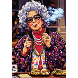 Bedstemor Yetta sidder med en cigaret i munden, spr�glet t�j og alle hendes fine smykker og spiser en sandwich.