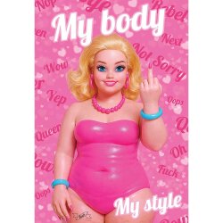 My Body, My Style med en ikonisk dukke i en buttet udgave, som r�kker en langemand.