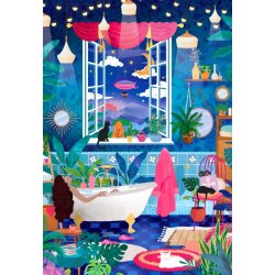 Heln.illustration puslespil Bubbles and Stars med motiv af en kvinder der tager karbad i m�neskin.
