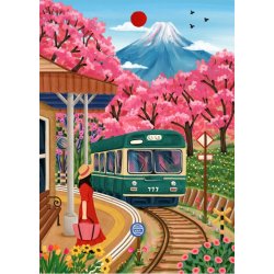 Nidhi Kachhadiya puslespil Fuji Blossoms med motiv af en togstation omgivet af kirseb�rtr�er.