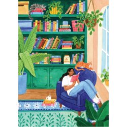 Karen Cook puslespil Green Reading Room med motiv af en bogreol og planter.