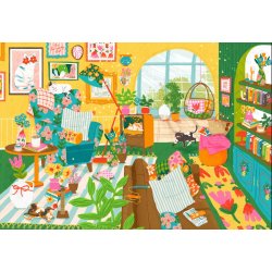 Olivia Gibbs puslespil Home is Where the Cats are med motiv af en stue med katte.