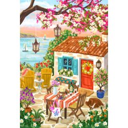 Olivia Gibbs puslespil Ocean View Retreat med motiv af et sommerhus ved havet.