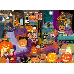 Halloween Witching Hour af Cynthia Frenette med en stue fyldt med gr�skar og hekseudstyr, hvor men gennem d�ren kan se heksene flyve p� deres koste.