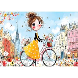 Cheerful Girl med en pige der tr�kker sin lyser�de cykel gennem byen.