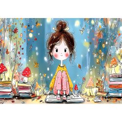 Girl & Books med en pige der sidder blandt bunker af b�ger.